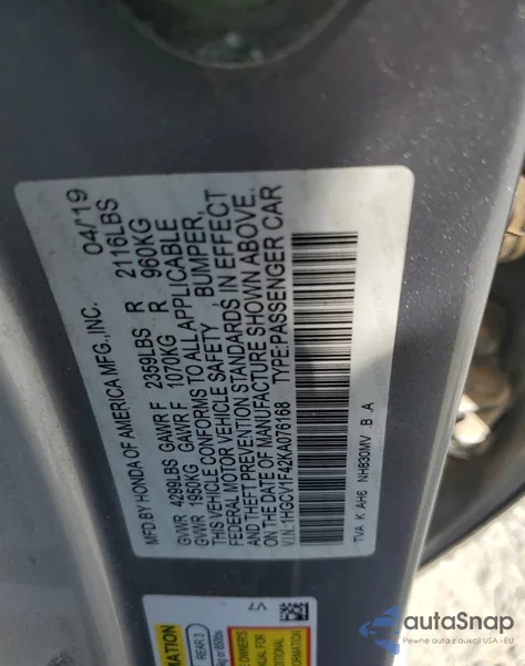 2019 Honda Accord Ex из США, поврежденный, VIN 1HGCV1F42KA076168